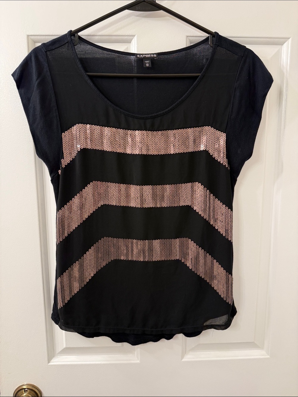 Express Black Short-Sleeve Top with Rose Gold Sequin Chevron Stripes